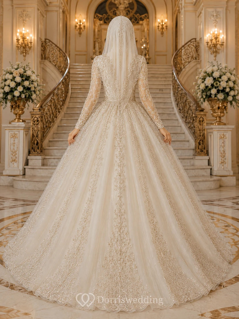 Luxury Muslim Beaded Lace Ball Gown Bridal Dress With Palace Train view 2