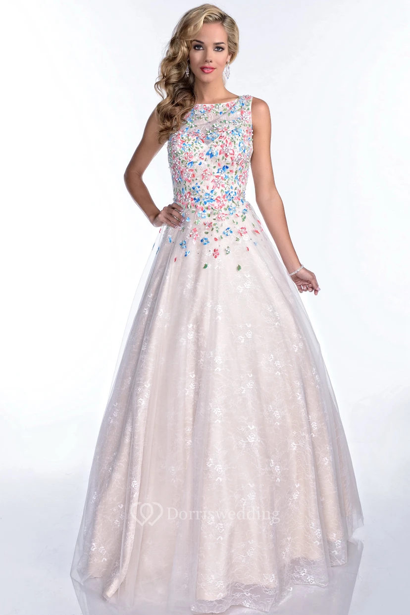 Bateau Neck Sleeveless A-Line Lace Prom Dress With Bling Rhinestone Bodice