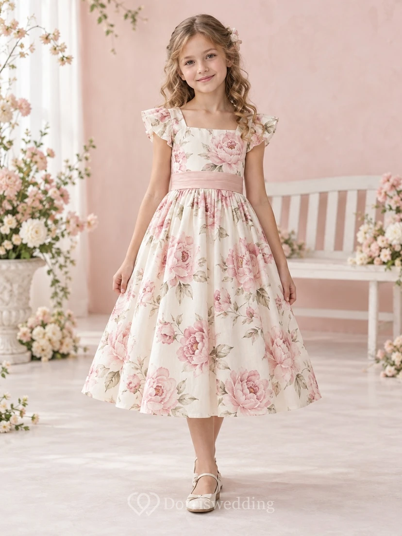 Sweetheart Tea-length Pink Rose Floral Print Cap Sleeve Flower Girl Dress view 2