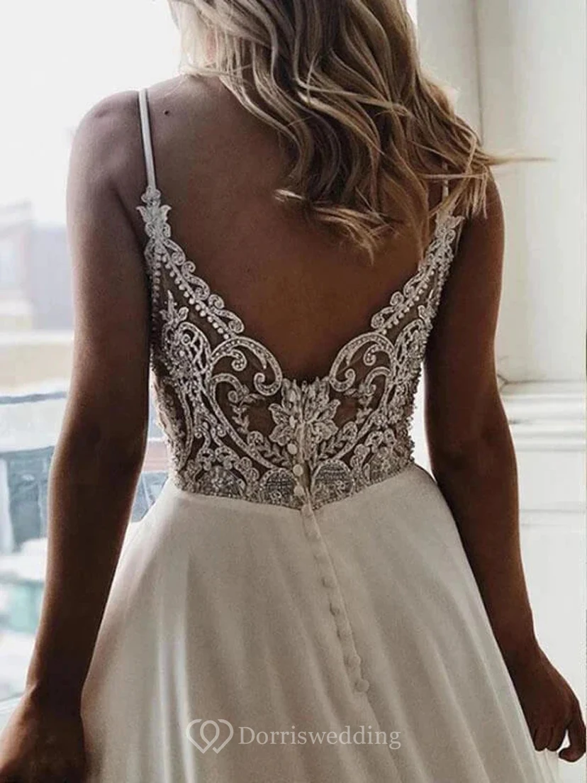 Spaghetti Plunged Sexy Empire Sleeveless Chiffon A-line Wedding Dress view 3