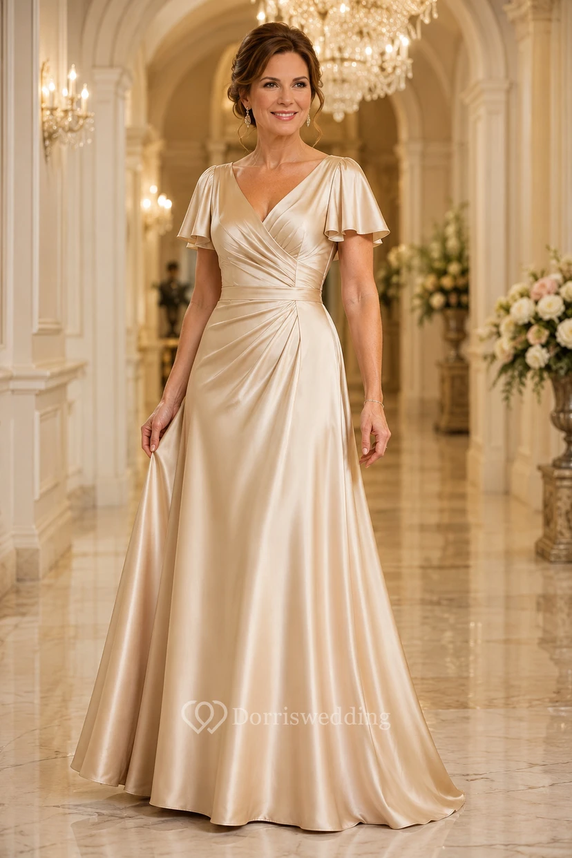 Champagnerfarbenes A-Linien-Kleid aus Satin mit V-Ausschnitt und Volantärmeln