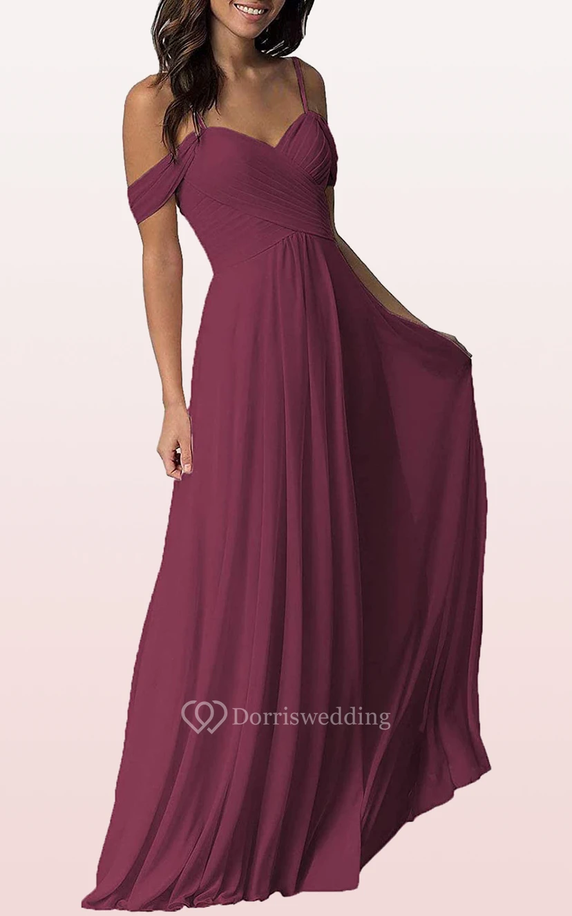 Off-the-shoulder A Line Sleeveless Floor-length Chiffon Bridesmaid Dress With Ruching view 10