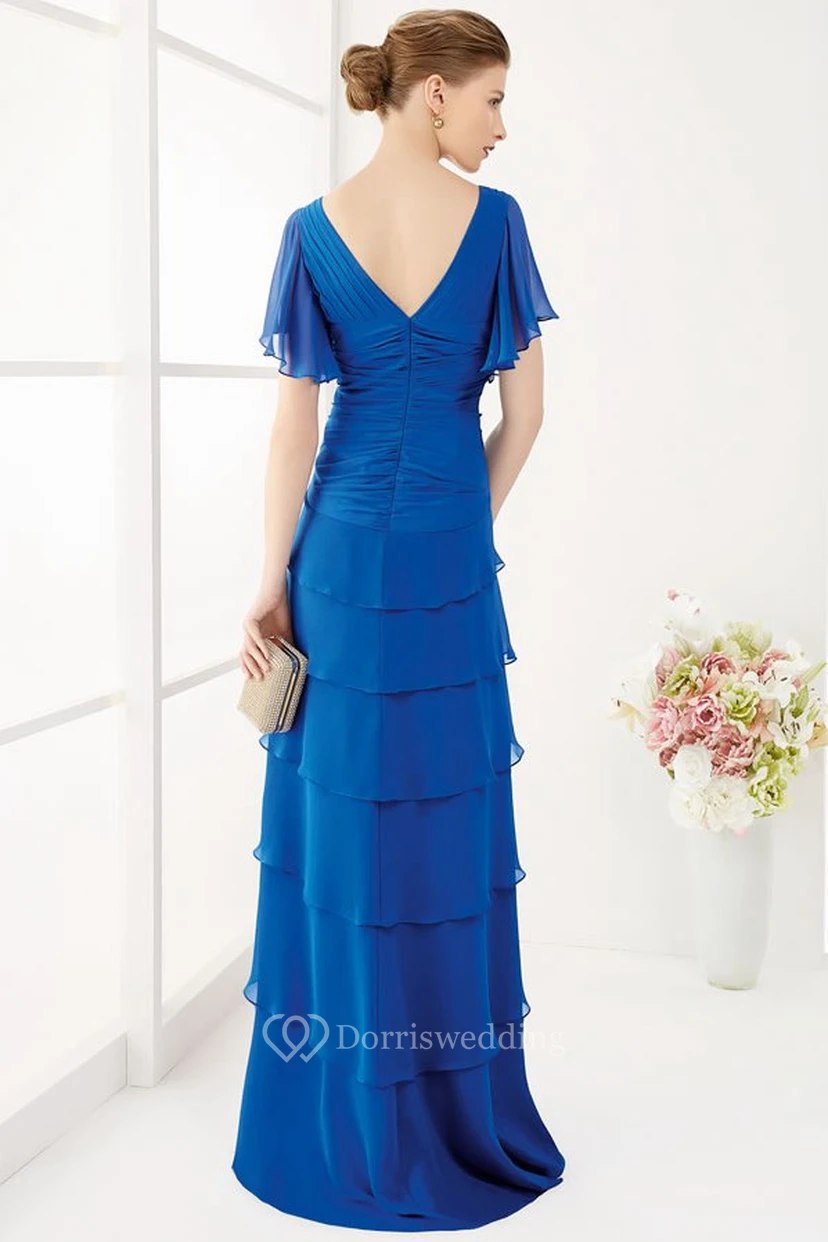 Langes, mehrlagiges Chiffon-Abendkleid mit V-Ausschnitt am Rücken und kurzen Rüschenärmeln view 2