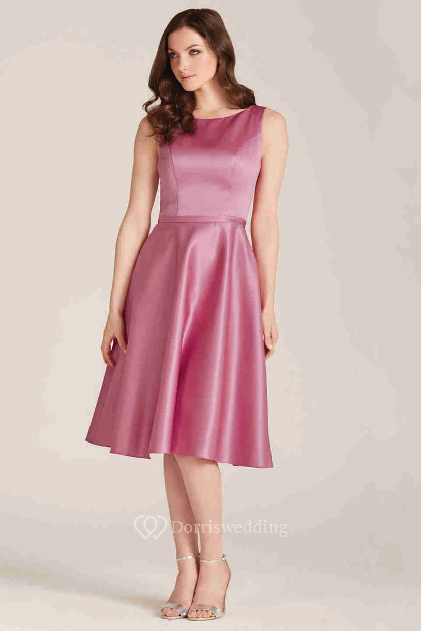A-Line Sleeveless Knee-Length Scoop-Neck Satin Bridesmaid Dress