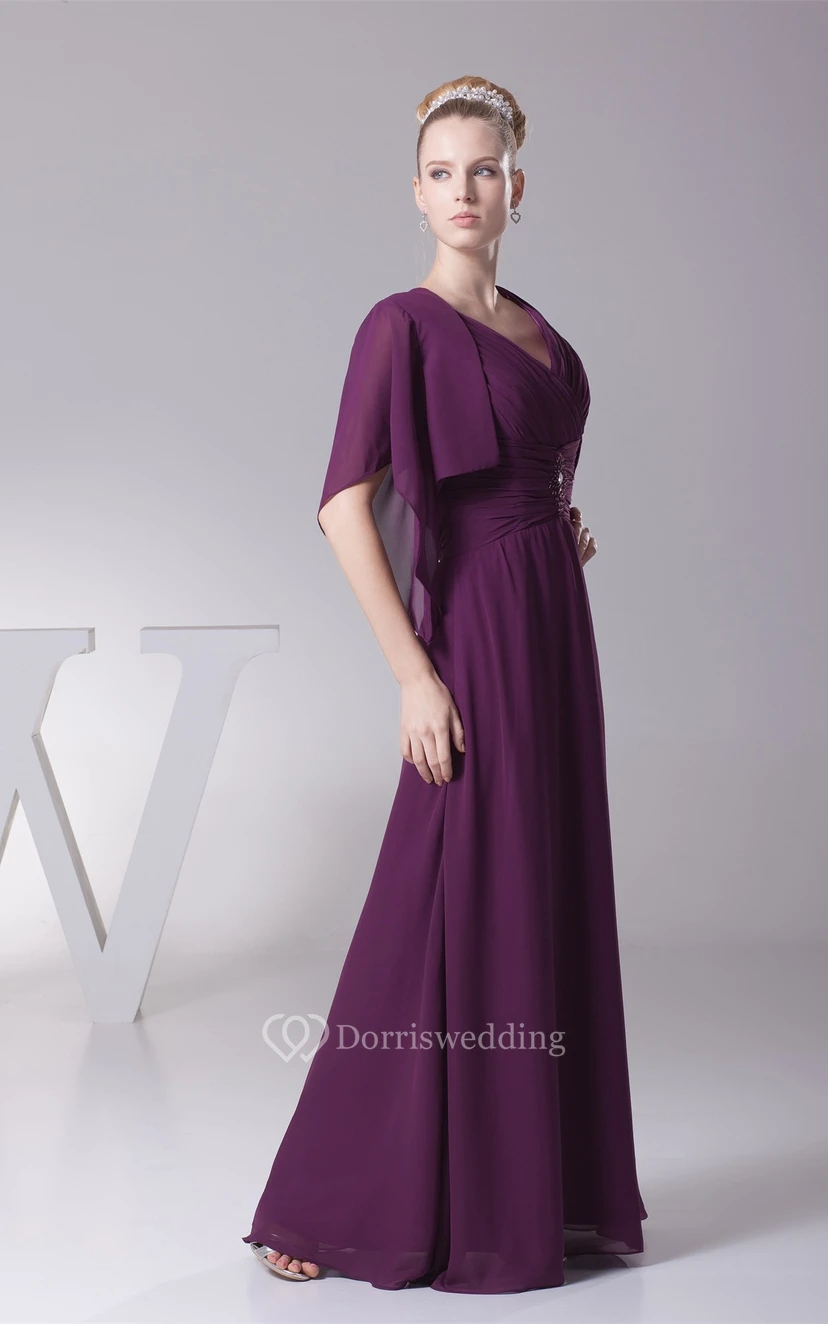 Plunged Chiffon Floor-Length Criss-Cross Bolero and Dress With Broach view 4