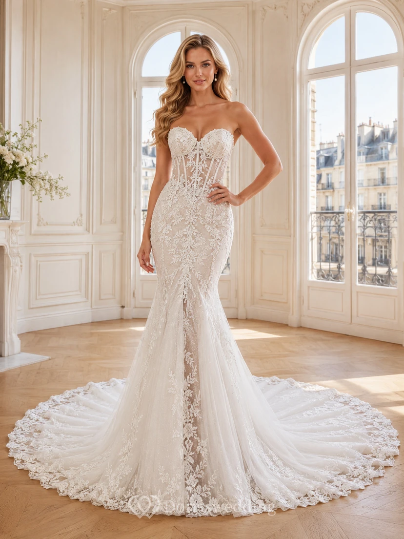 Robe de mariée sirène bustier en dentelle naturelle avec traîne chapelle et application, ornée d'appliques, décolleté cœur et galerie de robes de mariée