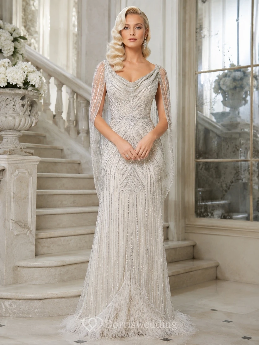 Silver Cowl Neck Sleeveless Sequin Fringe Floor Length Evening Dress