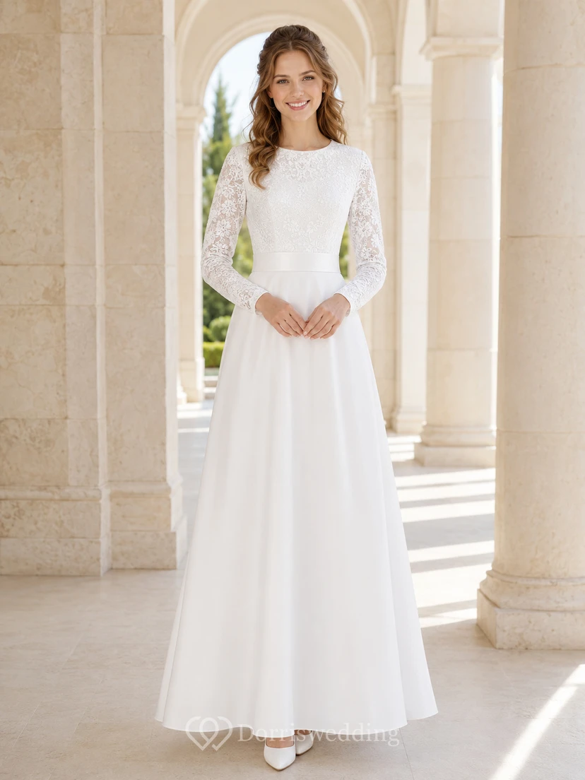 Robe de mariée modeste en satin à manches longues en dentelle et coupe trapèze, style bateau