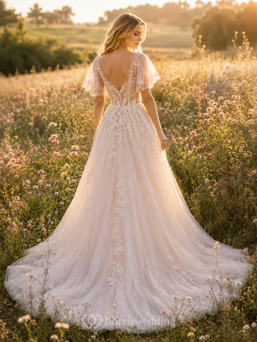 Whimsical Fairy Flutter Sleeve Floral Tulle A-Line Wedding Dress view 2
