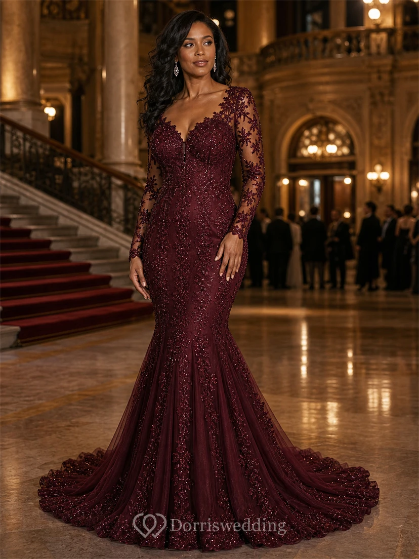 Vestido de novia de sirena de encaje negro de manga larga view 7