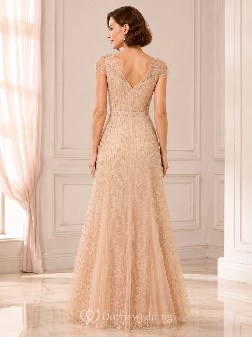 Luxury Champagne V-neck Sleeveless A-line Lace Formal Dress view 2