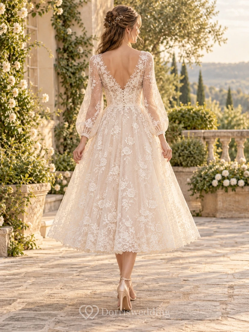 Vintage Tea-length V-neck Long Poet Sleeve Lace A-line Wedding Dress view 2