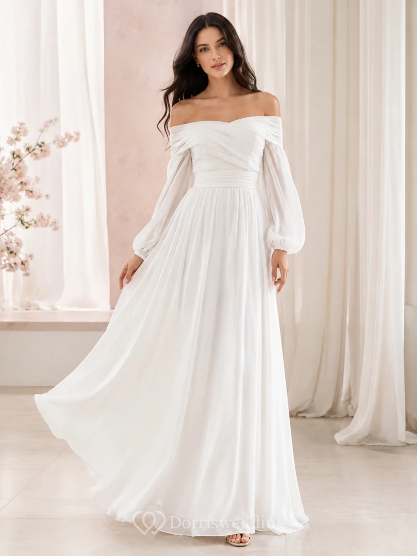 Vestido de novia de gasa estilo imperio, manga larga, hombros descubiertos, largo hasta el suelo