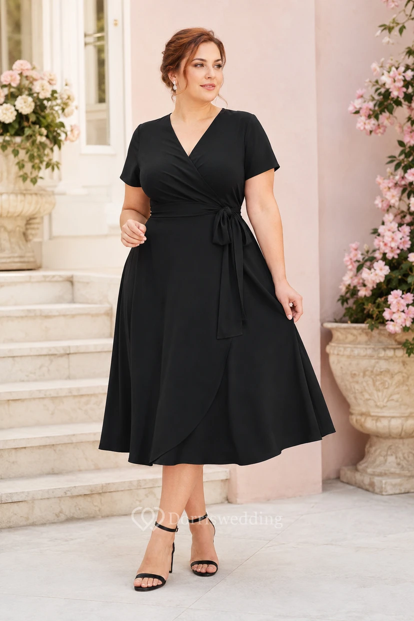 Plus Size Black A-Line Wrap Cocktail Dress with Short Sleeves and Tie Waist