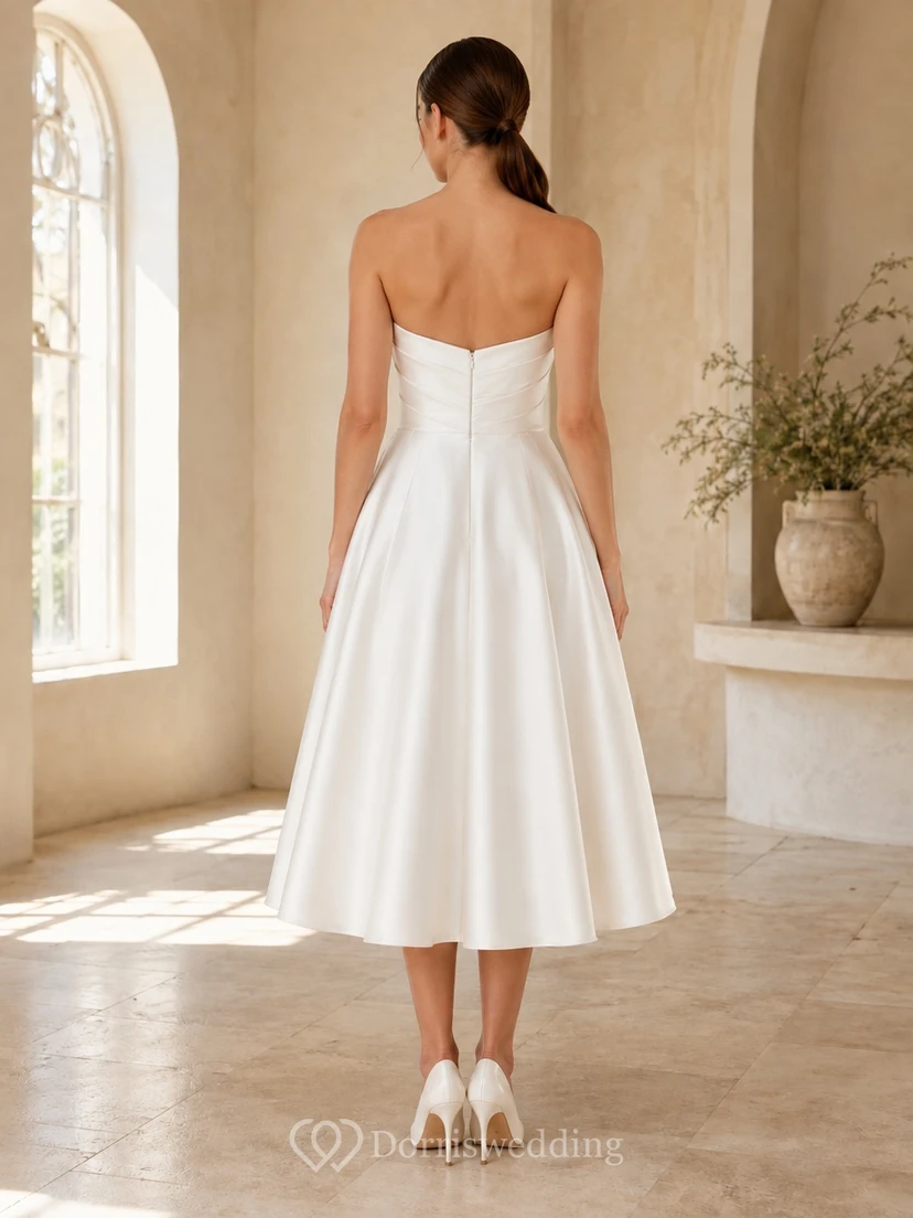 Minimalist Sweetheart Satin Tea Length Strapless A-Line Bridal Dress view 2