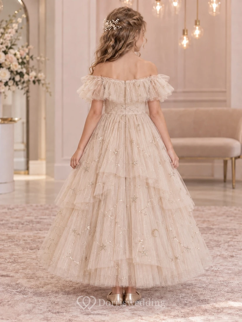 Champagne Celestial Off-the-shoulder Tiered Ruffle Tulle Flower Girl Dress view 2