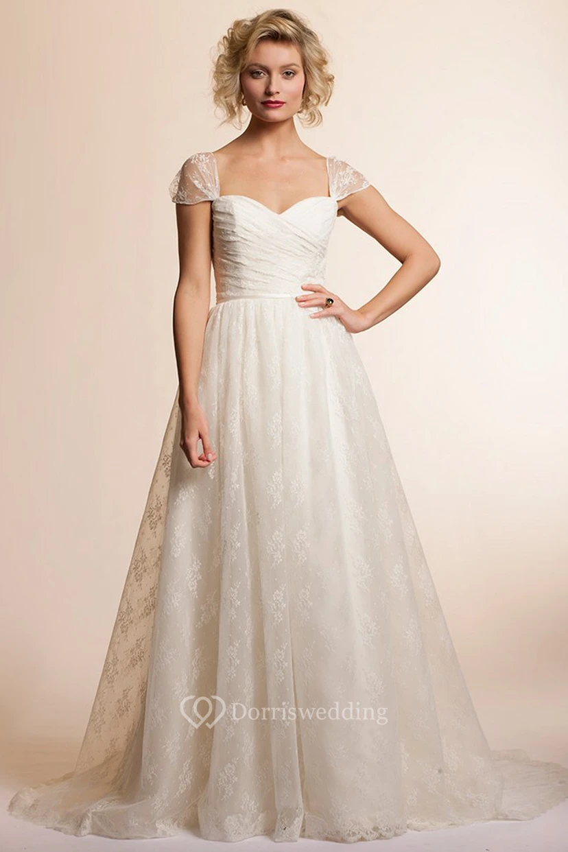 A-Line Floor-Length Cap-Sleeve Lace Wedding Dress With Ruching And Deep-V Back