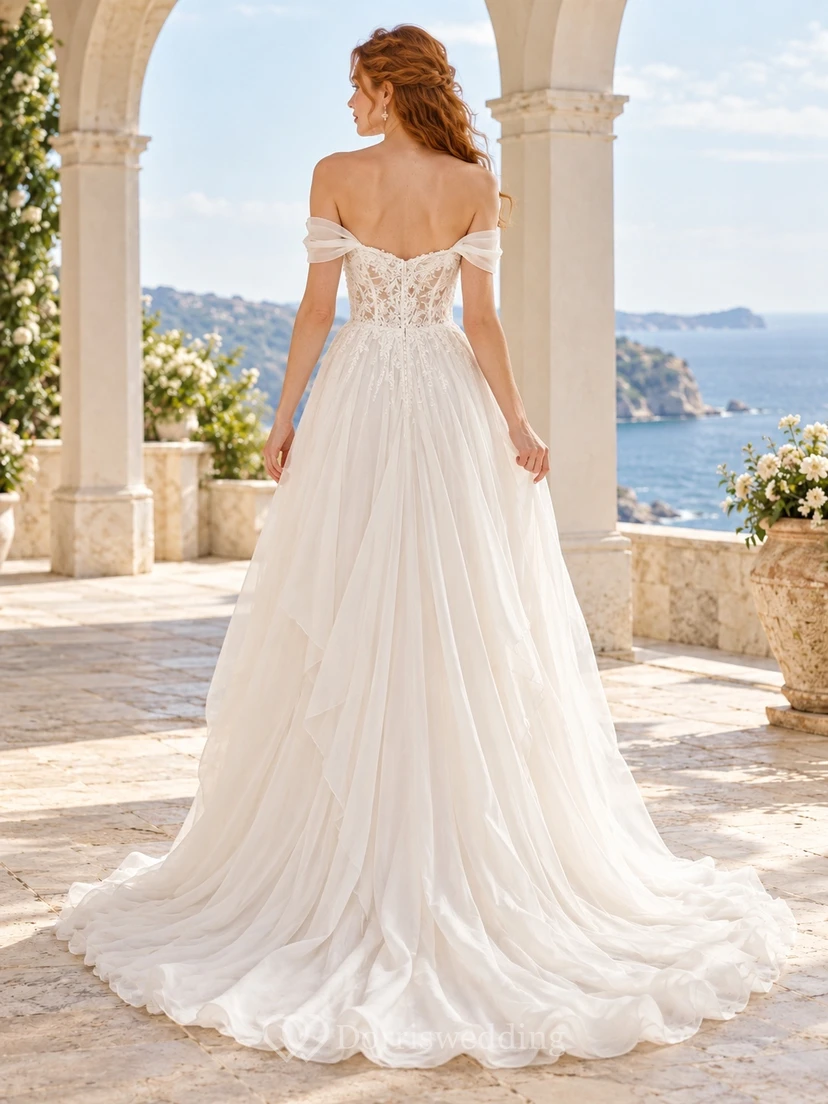 Off Shoulder Sweetheart Lace Chiffon A-Line Bridal Wedding Dress view 2