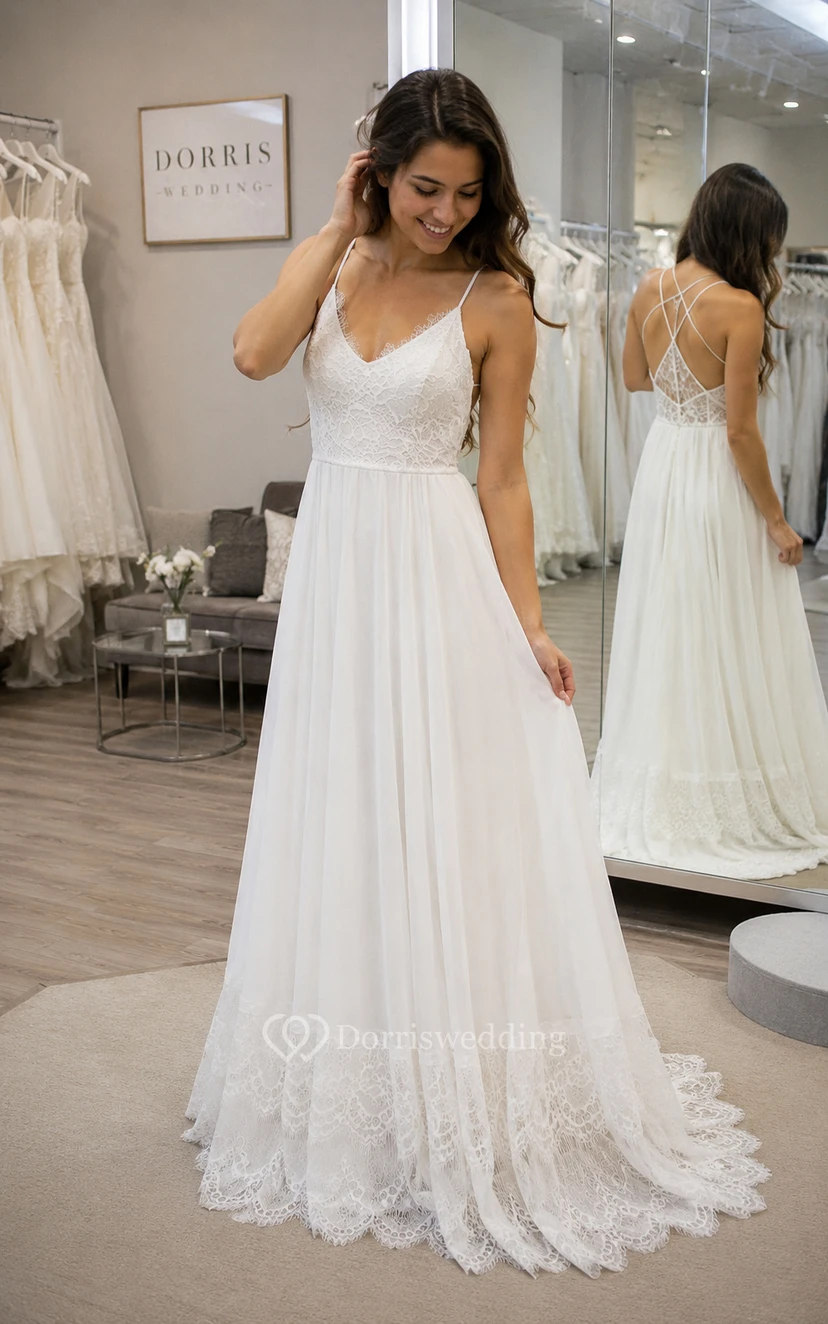 Robe de mariée blanche à fines bretelles en dentelle et tulle, coupe trapèze view 6