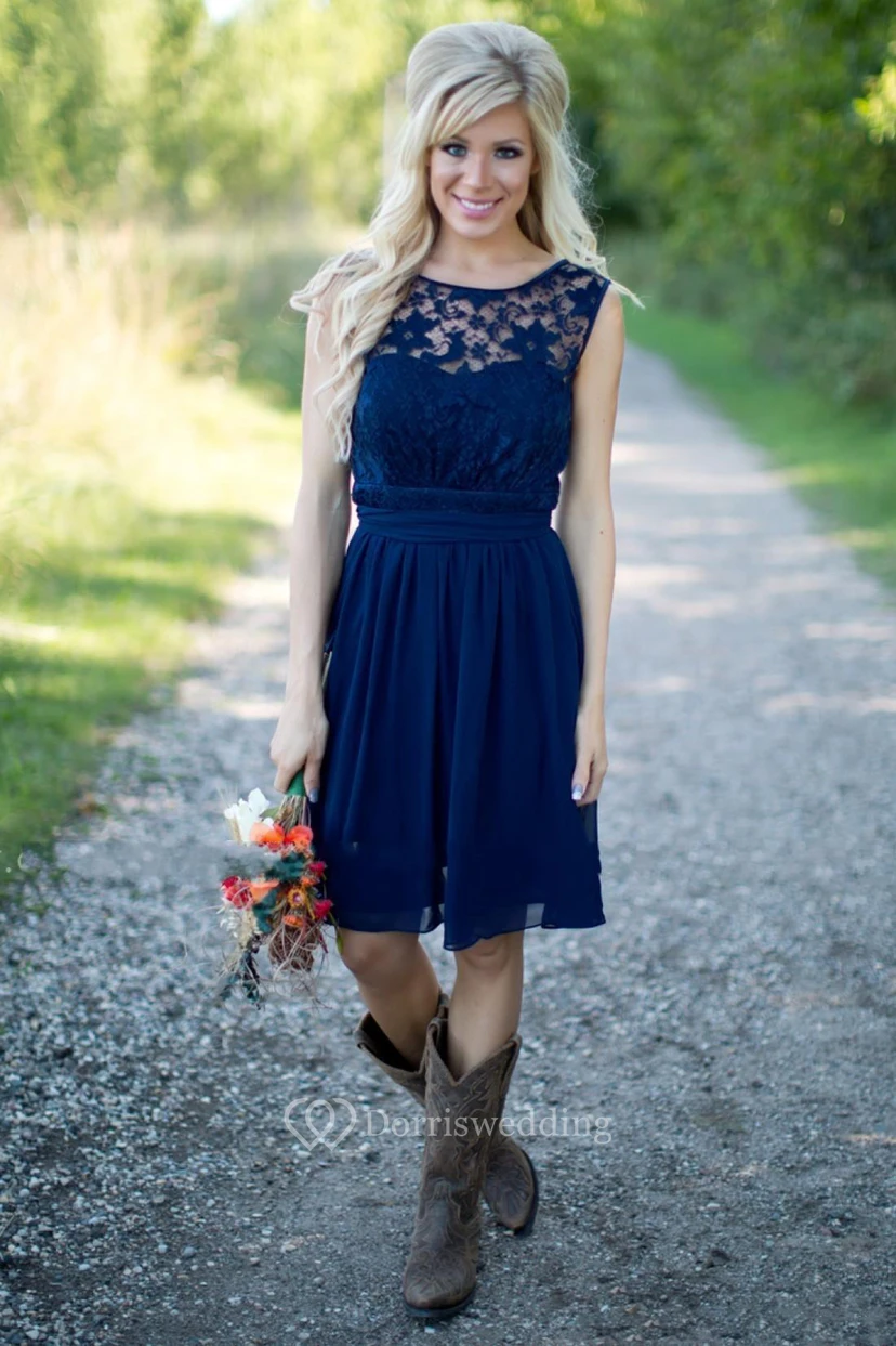 A-line Short Jewel Sleeveless Bell Backless Chiffon Lace Dress