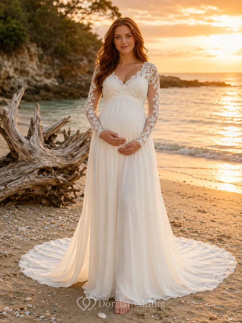 Maternity Wedding Dress V-Neck Long Sleeve Lace A-Line Beach Bridal Gown with Court Train