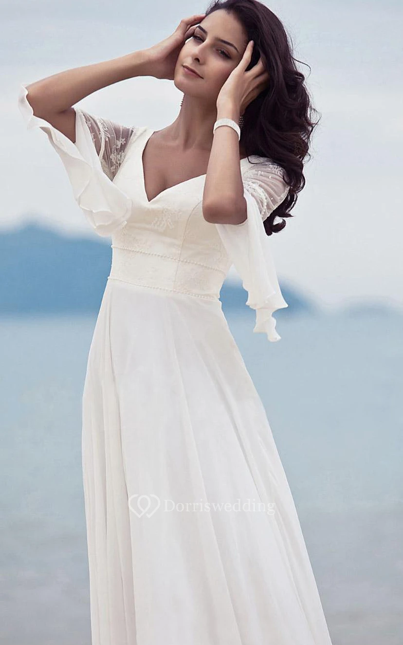 Schlichtes Brautkleid aus Chiffon mit V-Ausschnitt, A-Linie und bodenlangen, halben Ärmeln view 4