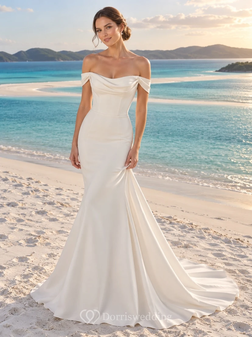 Einfaches schulterfreies Meerjungfrauen-Brautkleid aus Satin mit Herzausschnitt