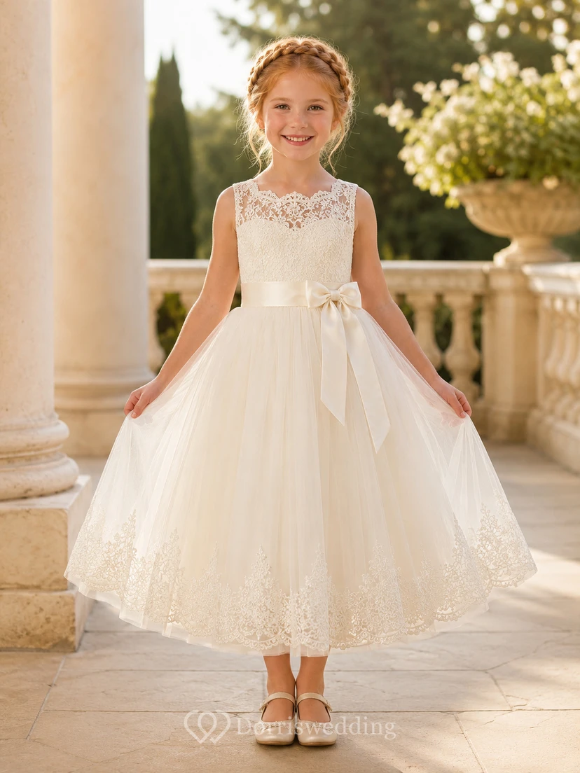 Robe de demoiselle d'honneur en dentelle ivoire et tulle, coupe trapèze, col rond, longueur midi, détail nœud.