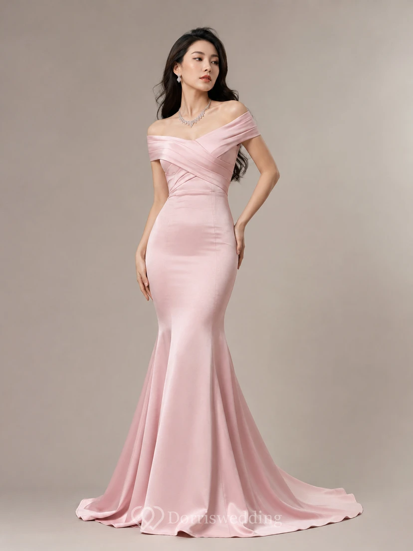 Mermaid Trumpet Satin Off-the-shoulder Short Sleeve Zipper Dress view 6