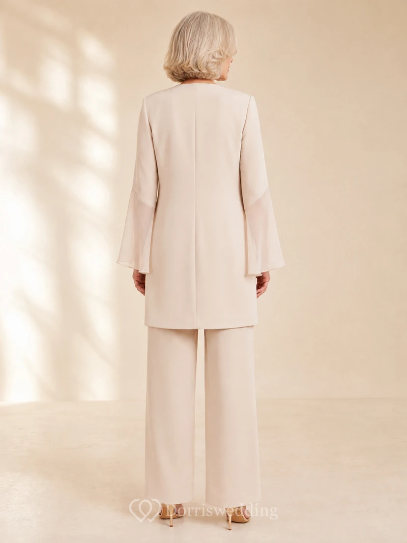 Ivory Mother Jumpsuit with Square Neck Long Jacket with Bell Sleeves and Straight Leg Pants view 2