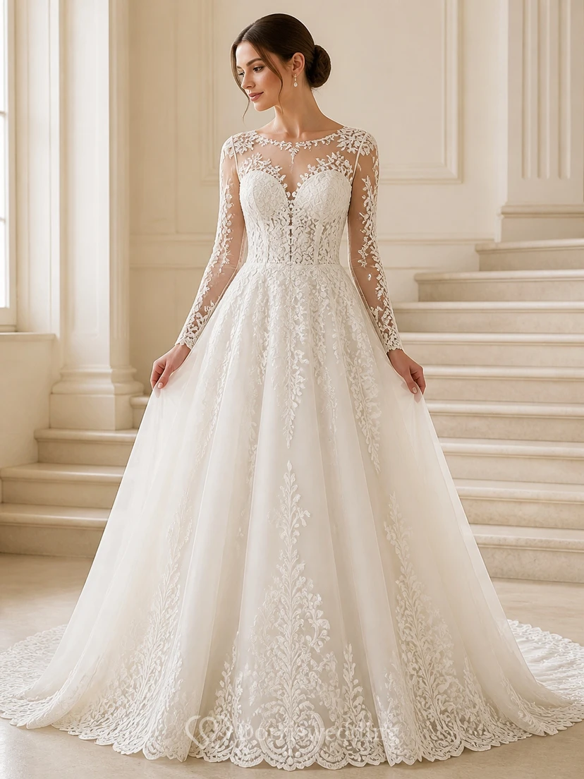 Elegante vestido de novia catedral de corte A con mangas largas y apliques de barco.