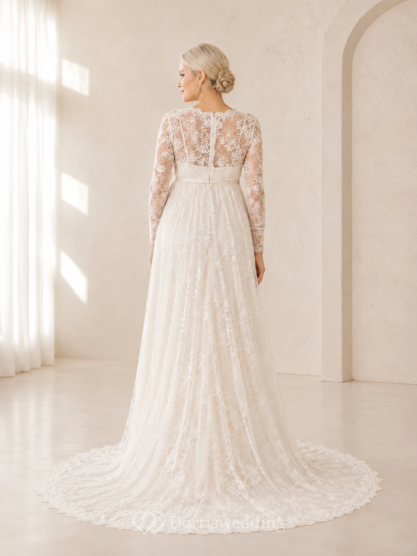 Maternity Wedding Dress V-Neck Long Sleeve Full Lace Bridal Gown with Soft Train view 2