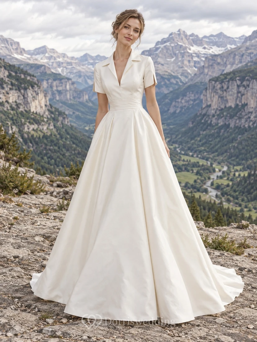 Vestido de novia sencillo de tafetán con escote en V y corte en A, manga corta