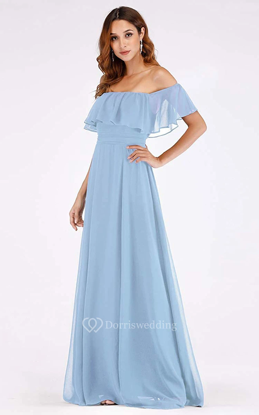 Robe d'invitée décontractée en mousseline, épaules dénudées, coupe trapèze, volants et fente sur le devant view 6