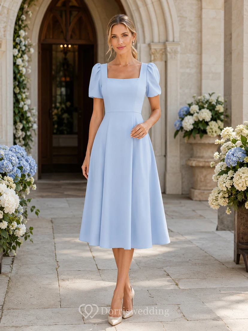 Light Blue Square Neck Puff Sleeve A Line Ceremony Midi Dress
