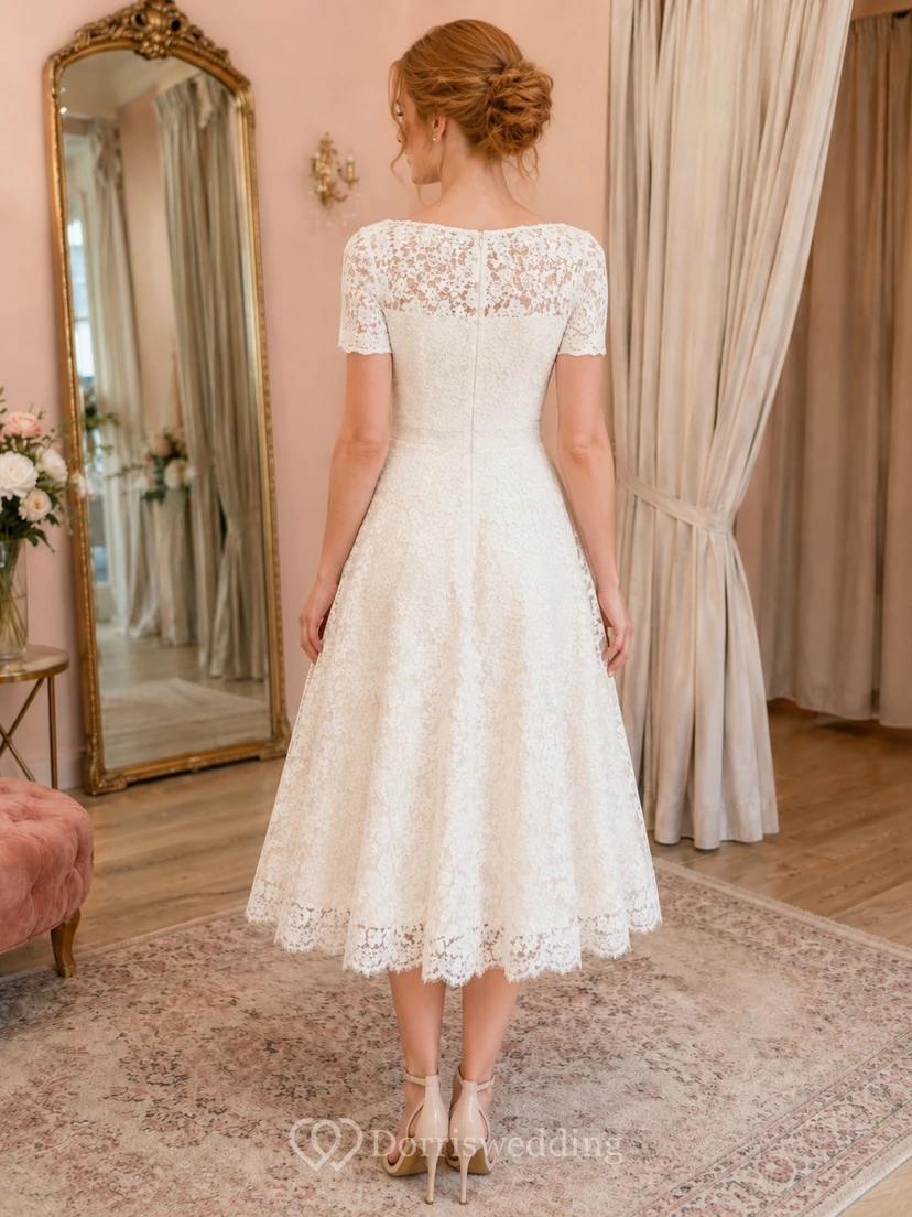 Robe de soirée ivoire en dentelle, manches courtes, coupe trapèze, longueur thé view 2