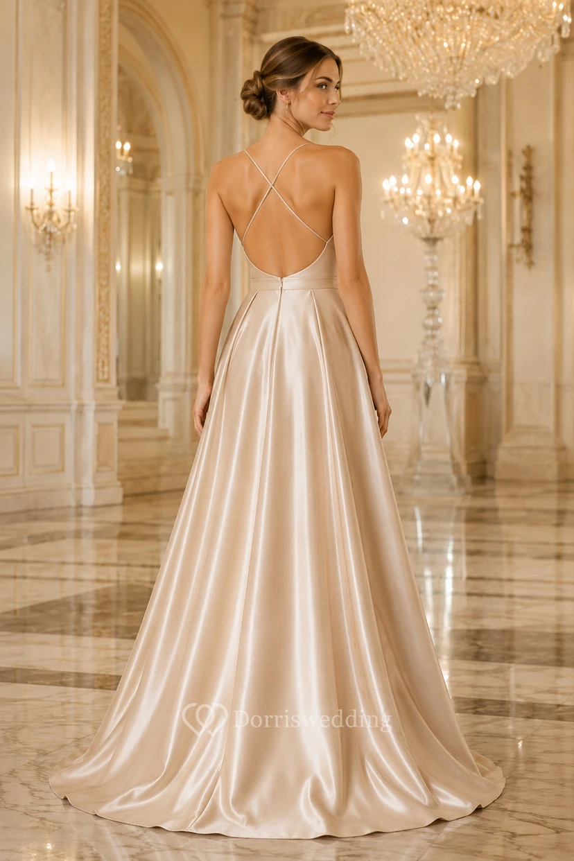 Evening Gown Champagne Satin A-Line V-Neck Sleeveless Floor Length view 2