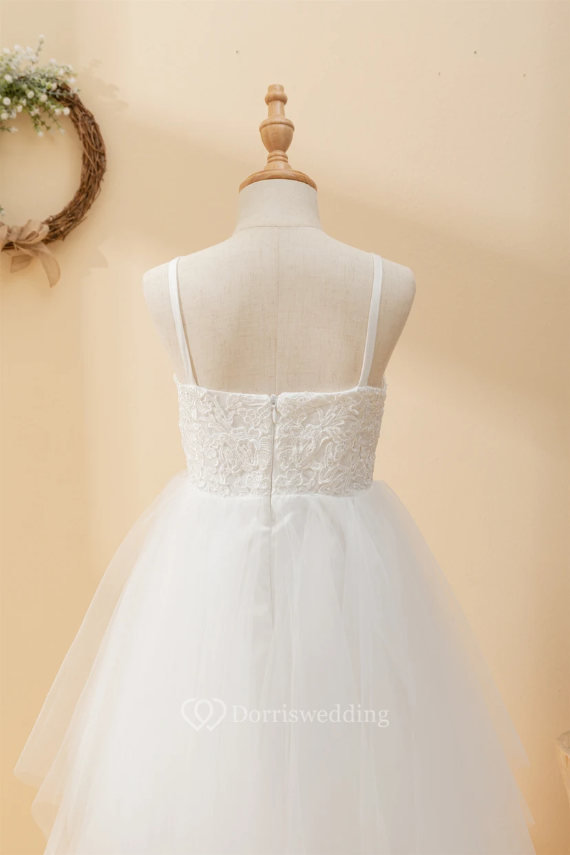 Casual Spaghetti Lace Top A-line Flowergirl Dress with Tulle Skirt view 8