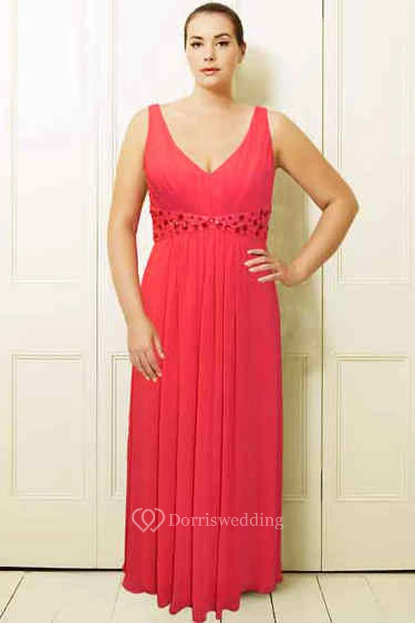Sleeveless V-Neck Maxi Beaded Chiffon Plus Size Prom Dress With Pleats