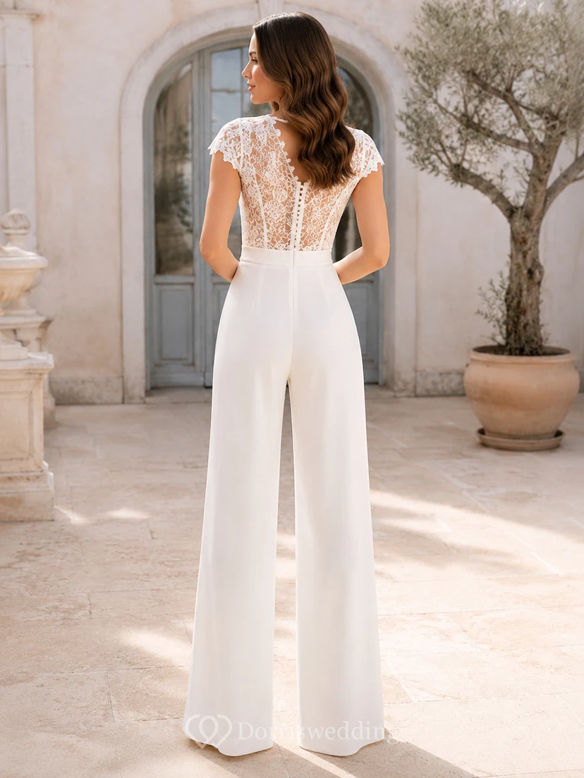 Romantic Deep V Cap Lace Sleeve Wide Leg Garden Wedding Jumpsuit view 2
