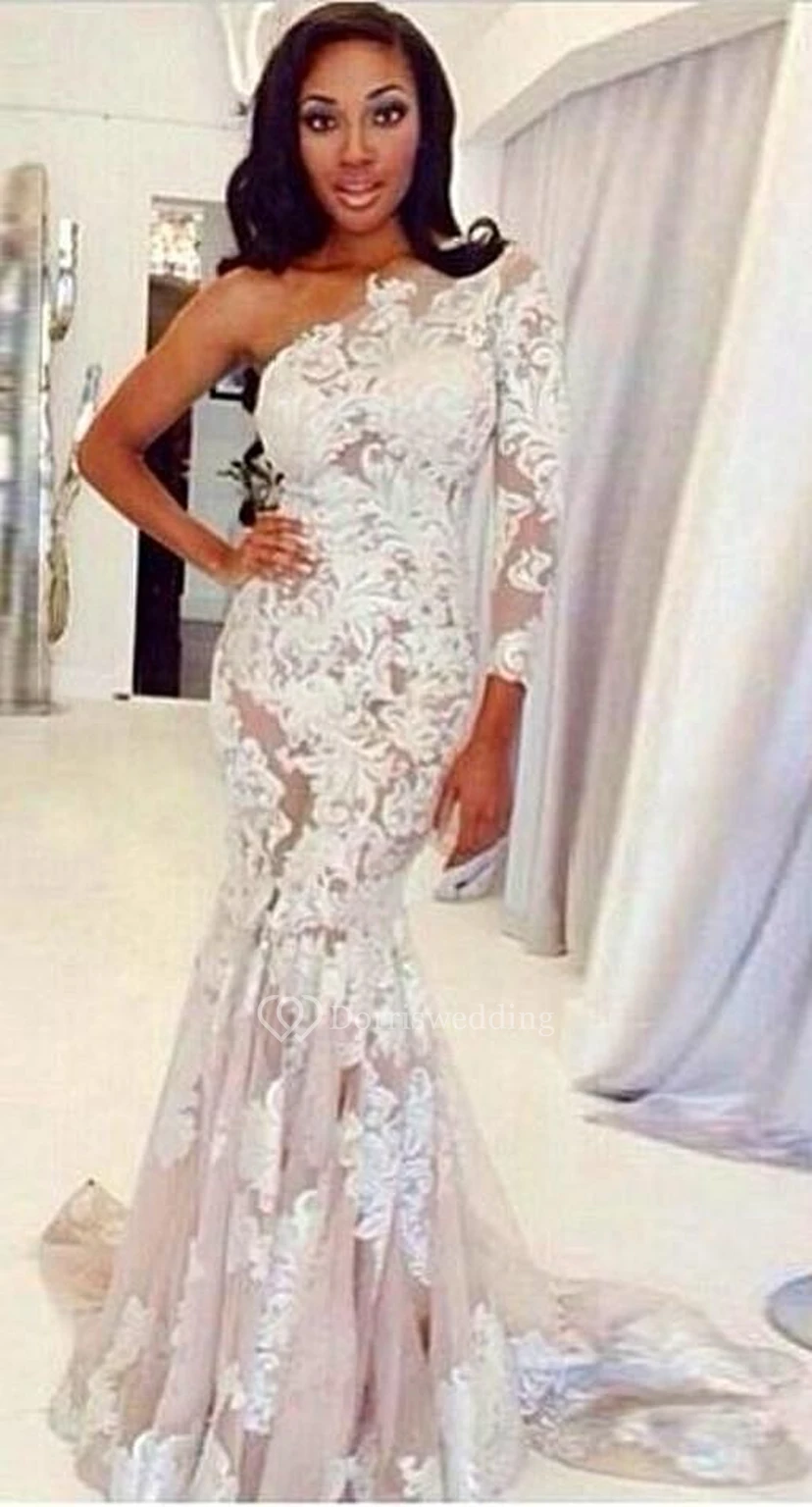 Sexy One-shoulder Mermaid Evening Dress Lace Appliques Sweep Train