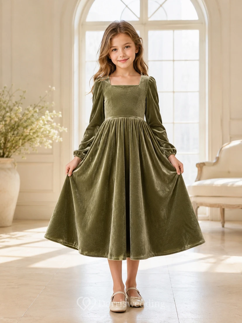 Flower Girl Dress A-Line Dark Green Velvet Long Sleeve Holiday Formal