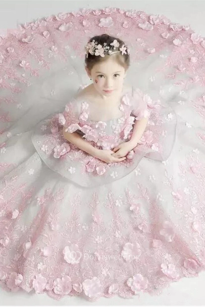 Floral Scoop-Neck Short Sleeve Tier Ball Gown Flower Girl Dress view 3