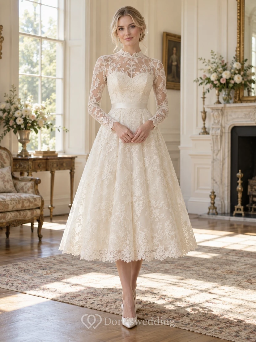 Robe de mariée vintage modeste, longueur thé, col montant, manches longues, dentelle florale
