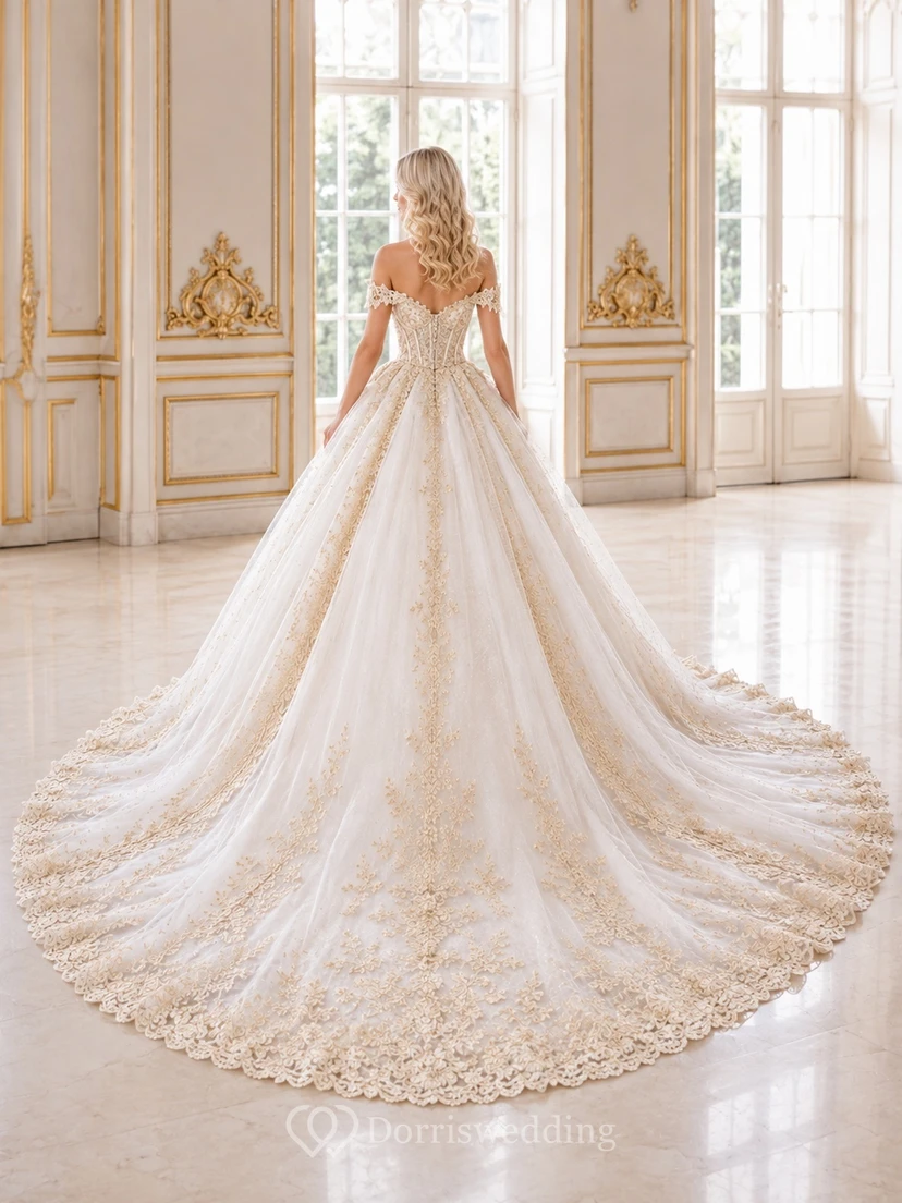 Vergoldetes Ballkleid, Brautkleid, schulterfrei, kurze Ärmel, bodenlang, Kathedralenschleppe, Luxuskleid view 2