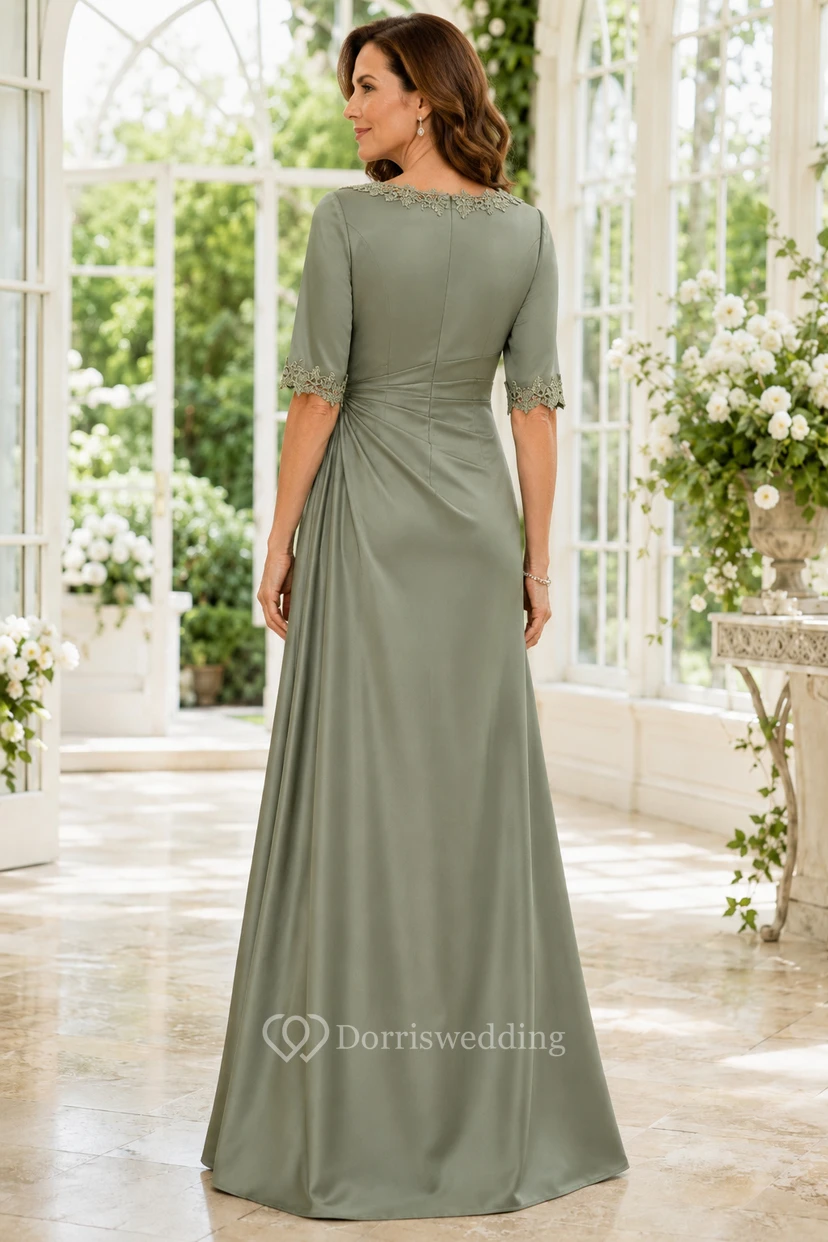 Meerjungfrauenkleid aus Salbeigrün mit Spitzenärmeln und V-Ausschnitt view 2
