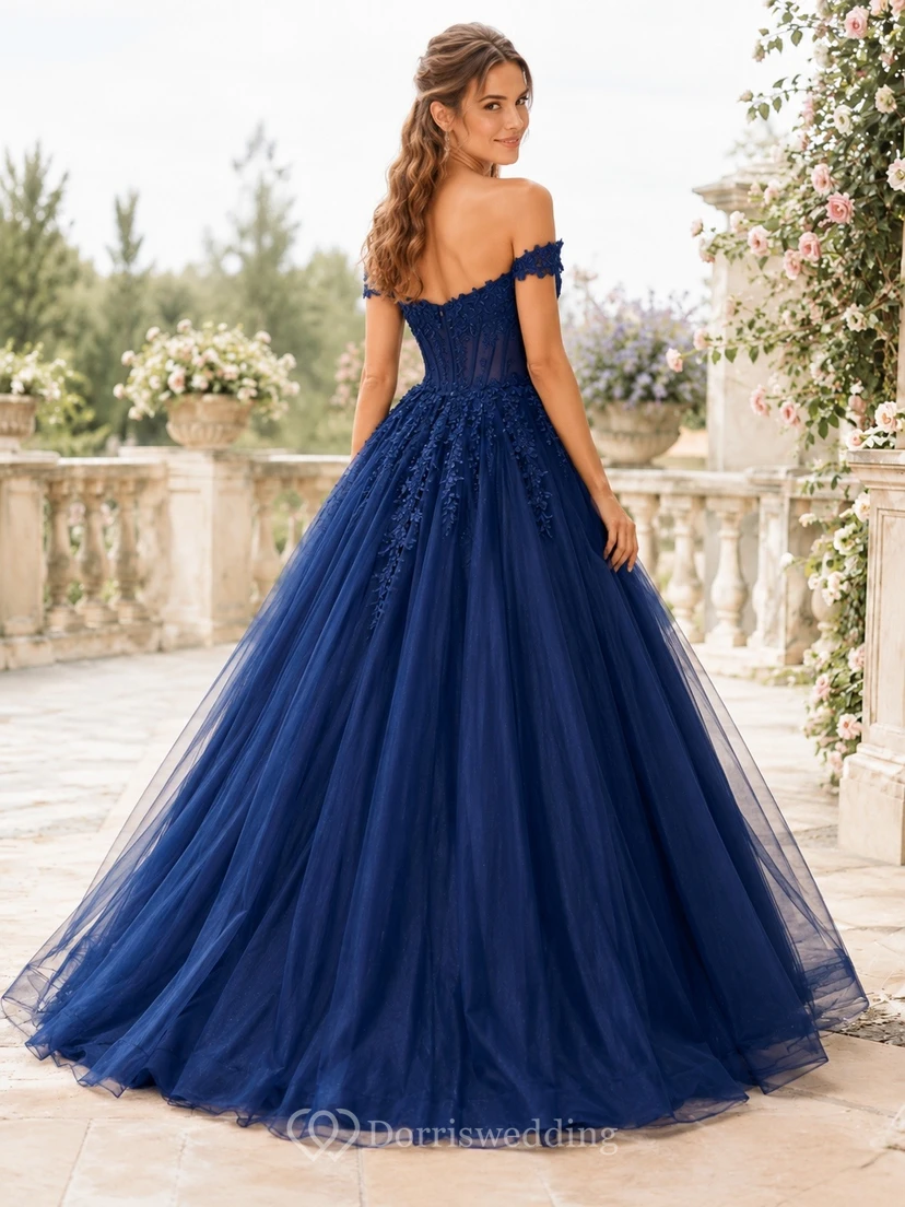 Romantic Dark Navy Tulle Ball Gown Floor-Length Off-Shoulder Straps Prom Dress view 2