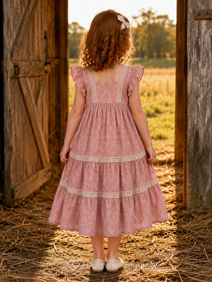 Dusty Rose Vintage Casual Country Floral Cotton Ruffle Sleeve Flower Girl Tea-Length Garden Dress view 2