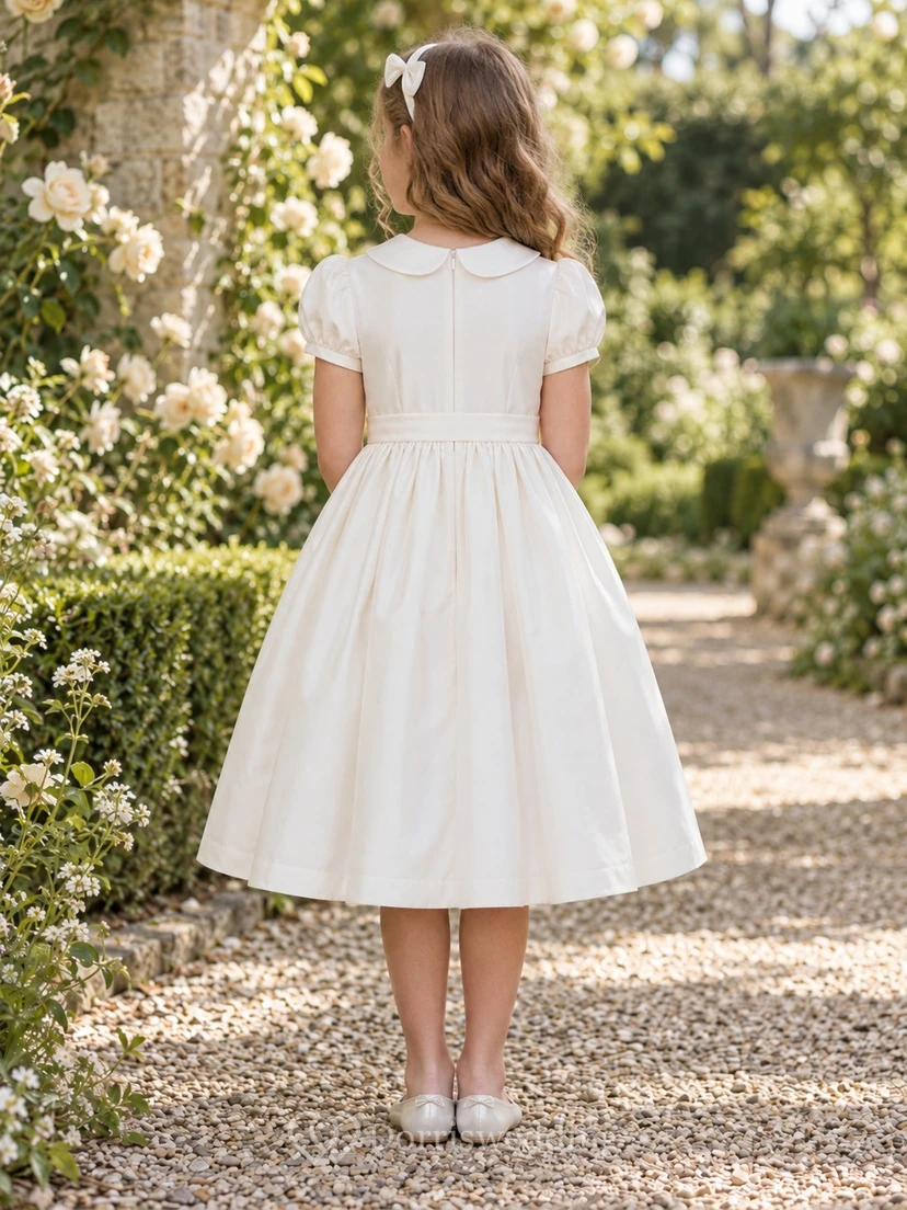 Simple Tea-length White Peter-Pan-collar Cuffed Puff-sleeve Pintucked-bodice Banded Gathered Zipper-back Flower Girl Dress view 2