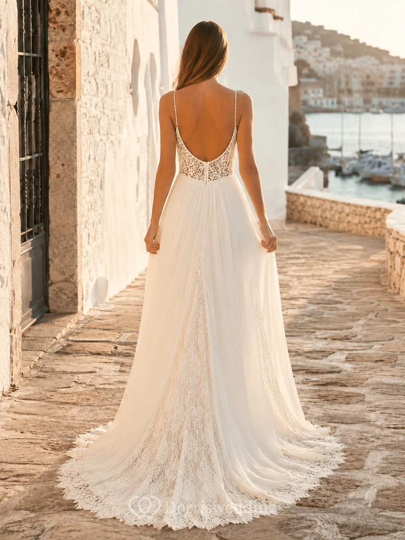Ibicenco Spaghetti Sweetheart Lace Chiffon A Line Sweep Beach Wedding Dress view 2